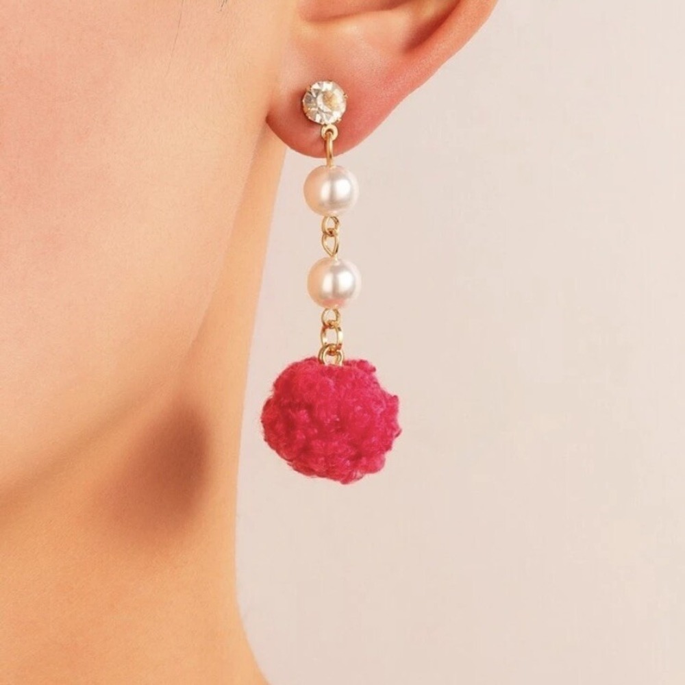 Pom Pom Faux Pearl Drop Alloy Gold Long Earrings New Pink Synthetic Diamond Nice